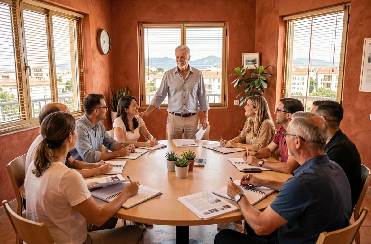 Formateur animant un atelier participatif avec un groupe d'adultes autour d'une table dans les locaux d'AB Sud Formation à Marseille