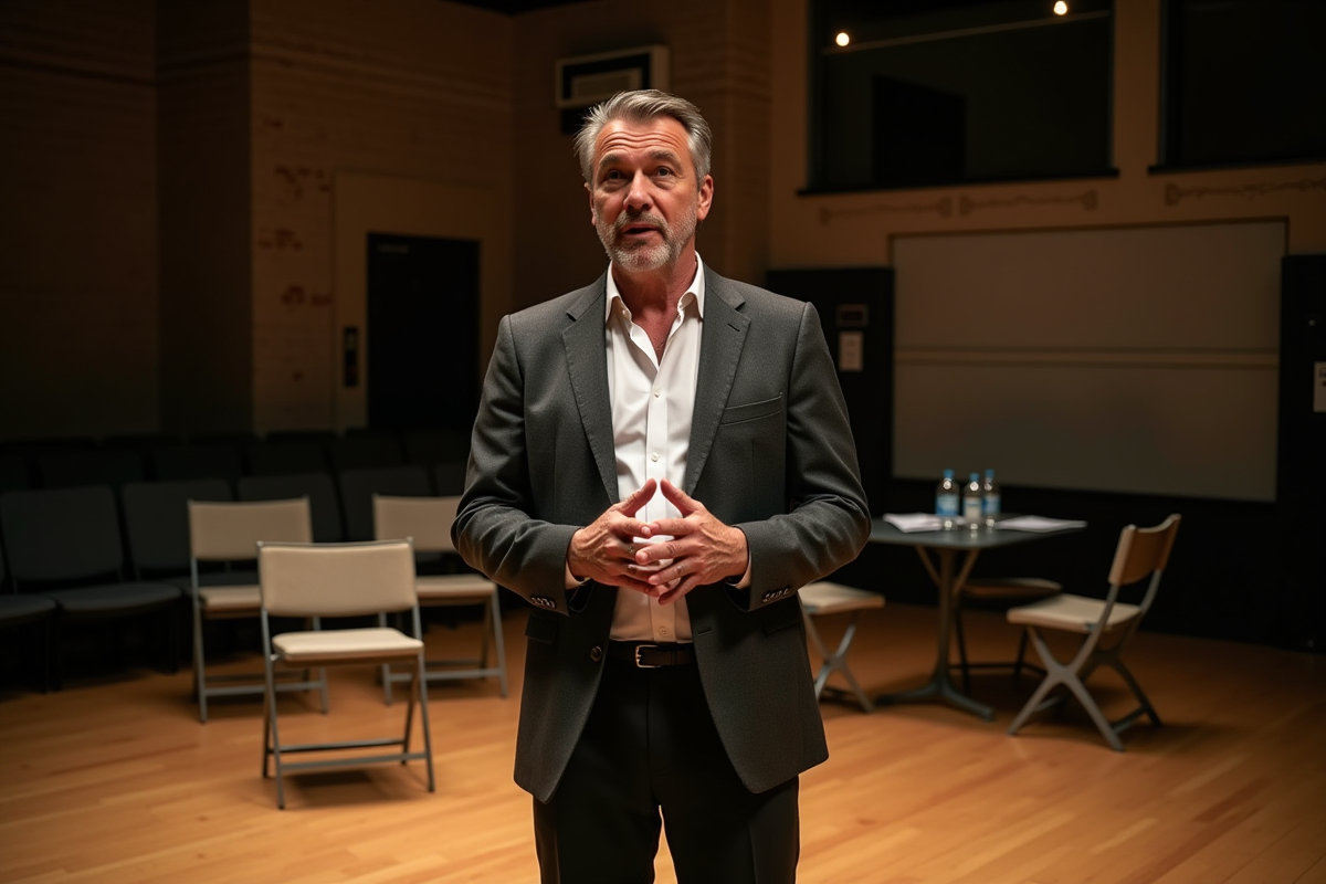 Acteur en pleine répétition dans une salle de théâtre