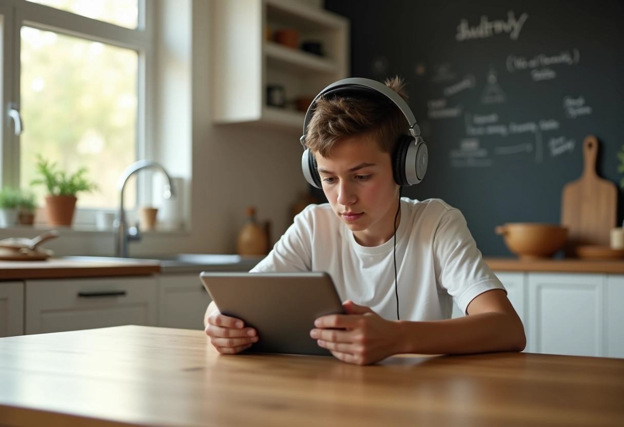 Adolescent concentré sur une tablette à la cuisine