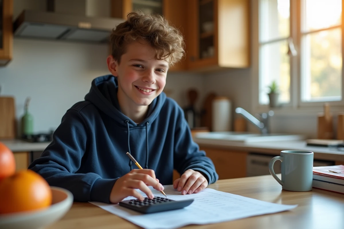 Adolescent souriant vérifiant ses notes à la cuisine