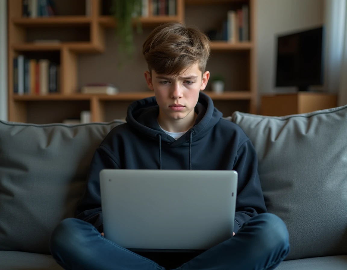 Adolescent confus face à un message d'erreur d'authentification sur un portail scolaire numérique à la maison