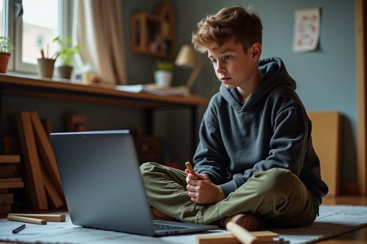 Adolescent apprenant le bricolage en suivant un tutoriel vidéo en ligne sur le site Bricoludik.fr depuis sa chambre