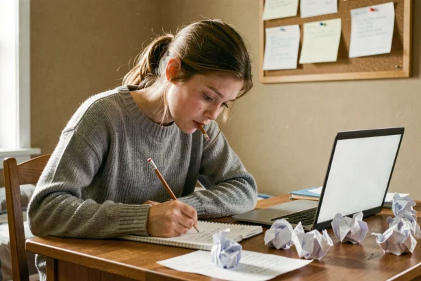 Adolescente timide rédigeant une lettre de motivation pour un stage de 3ème à son bureau
