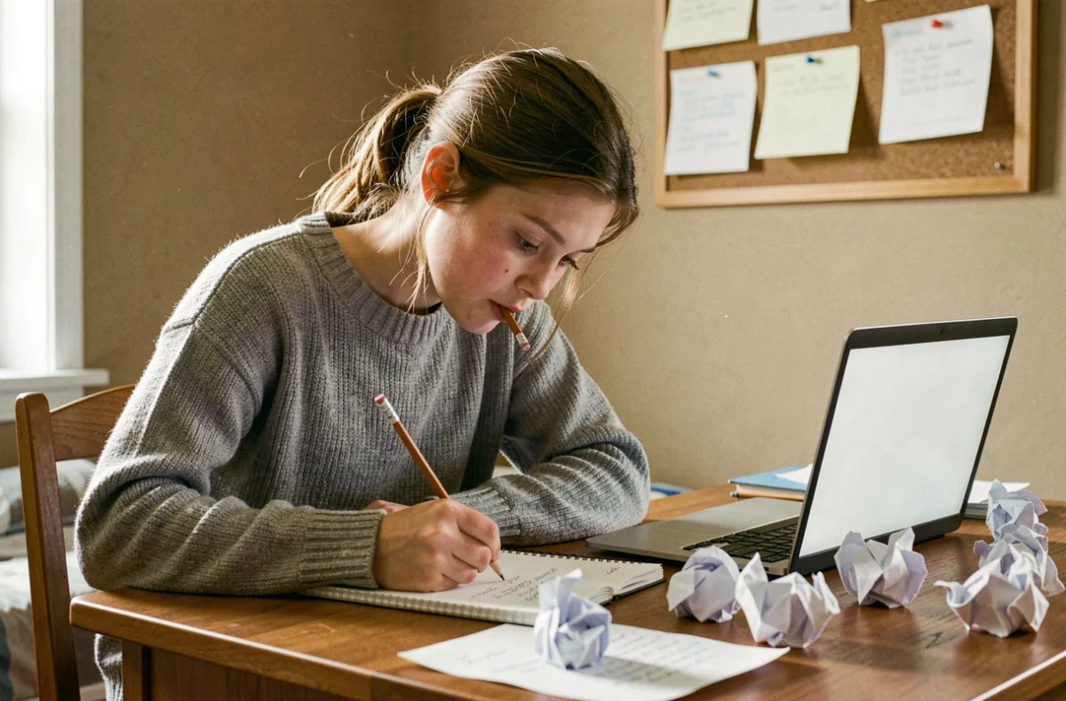 Adolescente timide rédigeant une lettre de motivation pour un stage de 3ème à son bureau