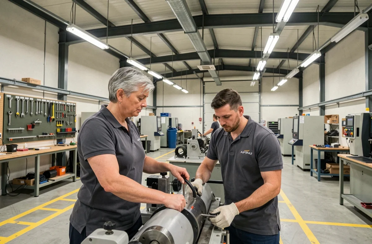 Instructrice de l'AFPA Saint-Jean-de-Védas encadrant un stagiaire sur une machine professionnelle en atelier