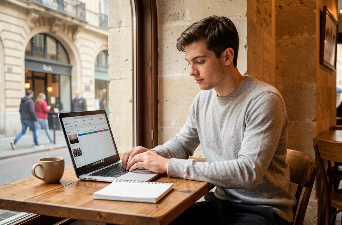 Jeune alternant en marketing digital travaillant sur une stratégie de contenu et analytics dans un café traditionnel de Bordeaux