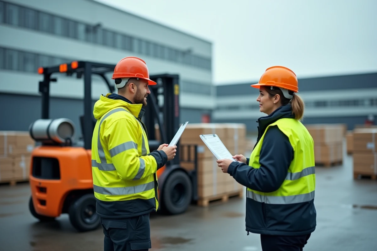 Apprenti en formation CACES 3 en extérieur discutant avec son formateur dans un entrepôt logistique