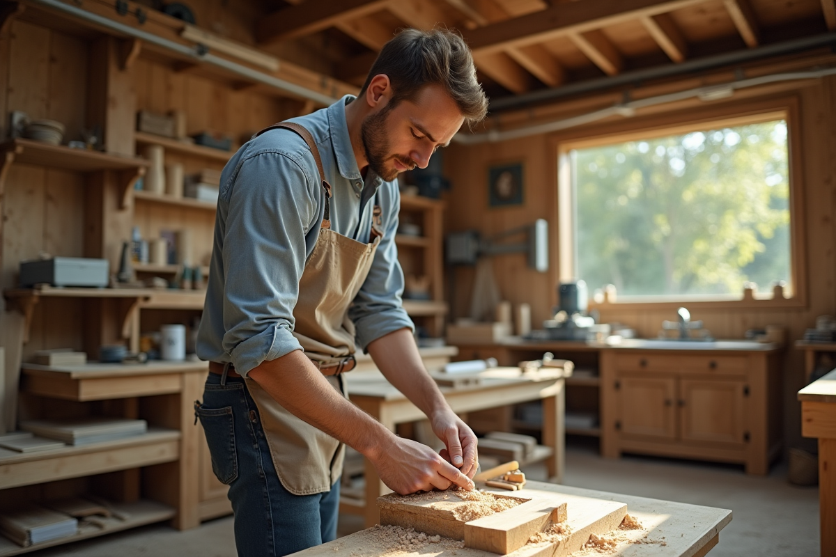 Jeune artisan travaillant le bois dans un atelier lumineux