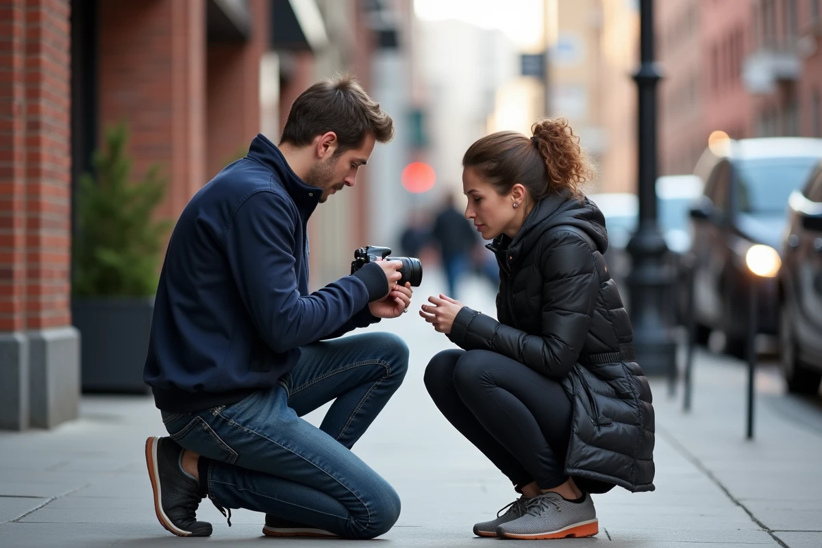 Jeune homme recevant des conseils personnalisés lors d'un atelier photo en extérieur en ville