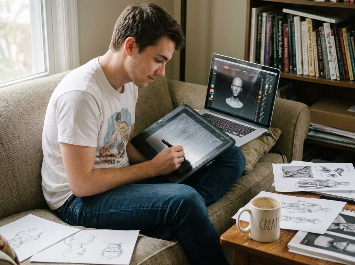 Jeune autodidacte en animation 3D travaillant depuis chez lui avec une tablette graphique et un logiciel de sculpture numérique