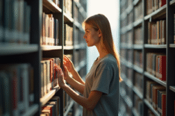 Bibliothecaire organisant des livres dans une bibliothèque lumineuse