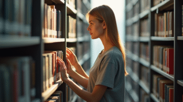 Bibliothecaire organisant des livres dans une bibliothèque lumineuse