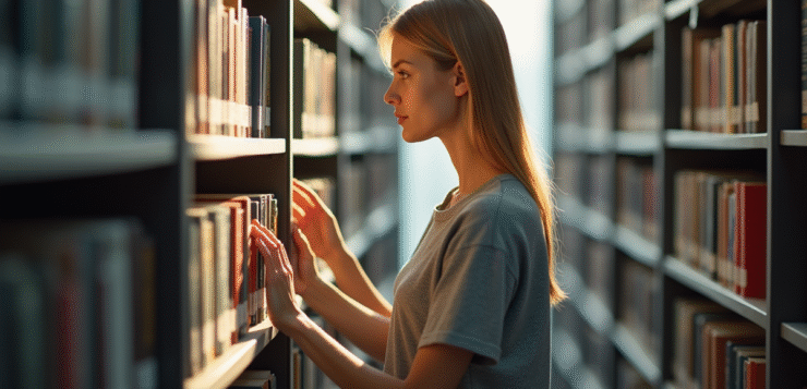 Bibliothecaire organisant des livres dans une bibliothèque lumineuse