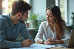 Jeune femme et homme en brainstorming dans un bureau lumineux