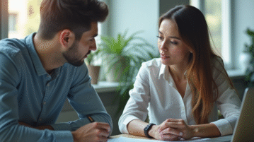 Jeune femme et homme en brainstorming dans un bureau lumineux