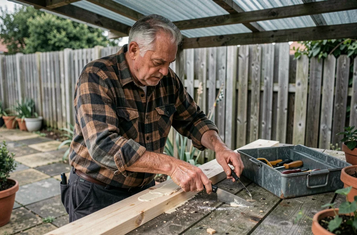 Homme expérimenté réparant une clôture en bois en extérieur grâce aux techniques apprises via une formation bricolage