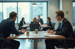 Groupe de travailleurs au bureau avec chaise vide