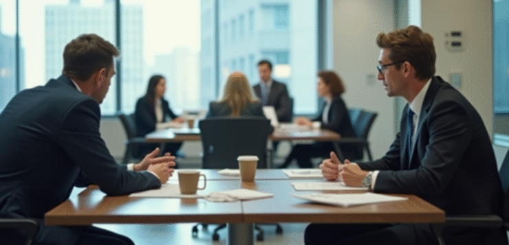 Groupe de travailleurs au bureau avec chaise vide
