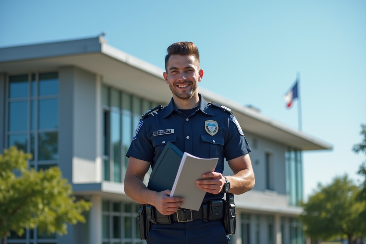 Candidat policier souriant devant une école de police