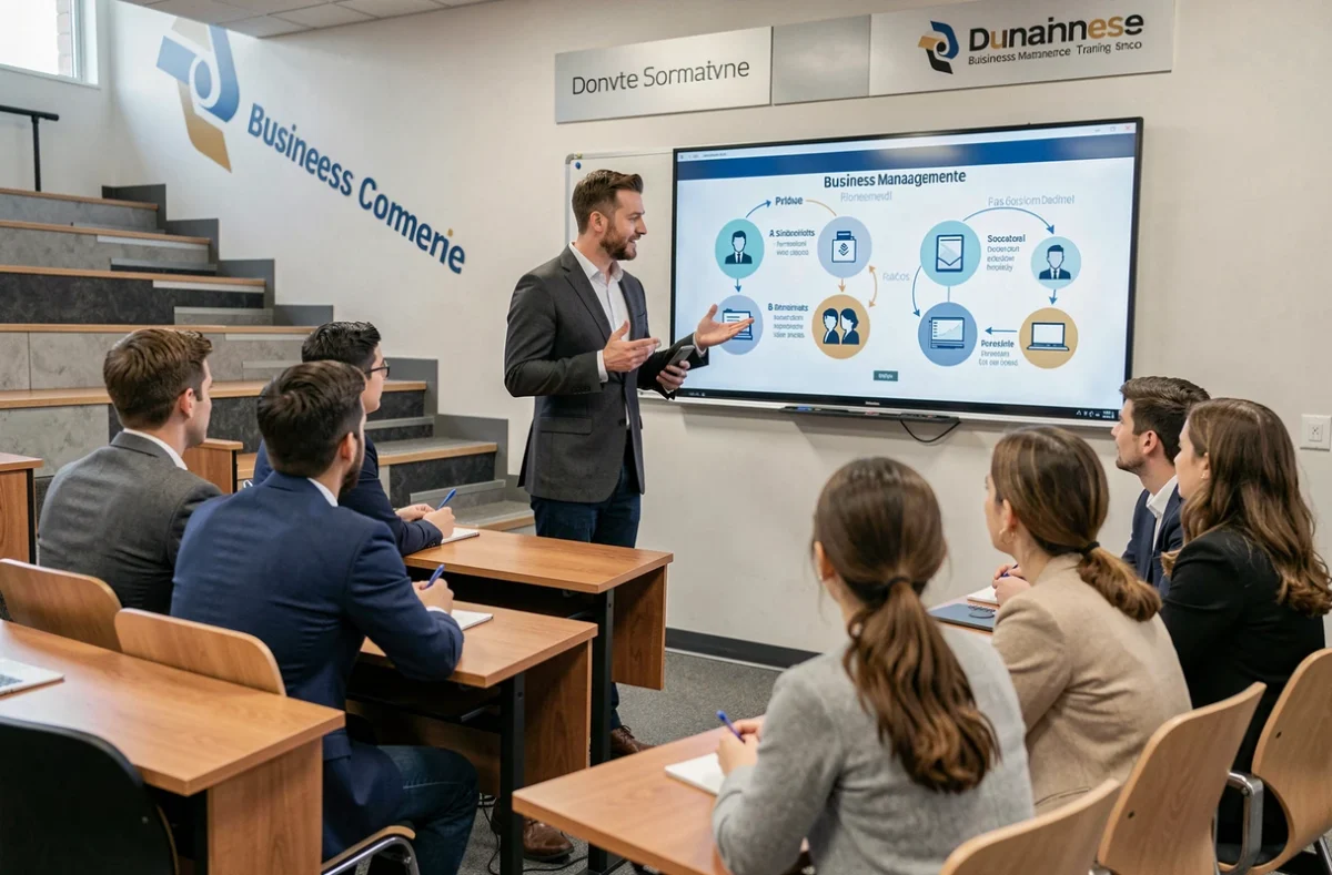 Formateur en commerce et gestion animant un cours devant des étudiants adultes dans la salle moderne de CBS Formation à Marseille