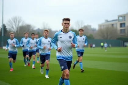Jeunes joueurs du centre de formation de l'OM en séance d'entraînement sur le terrain