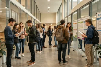Étudiants et apprenants adultes dans le hall d'un centre de formation de l'Ain, consultant des brochures et des programmes affichés