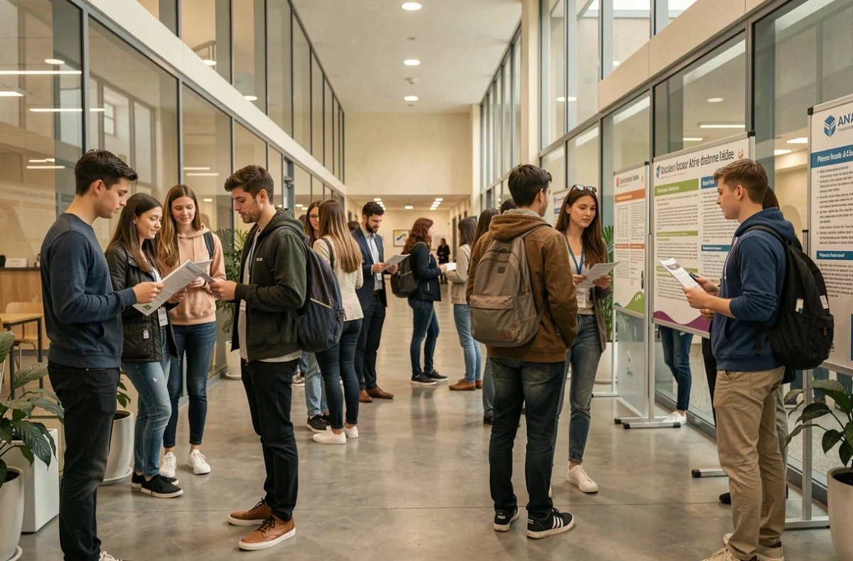 Étudiants et apprenants adultes dans le hall d'un centre de formation de l'Ain, consultant des brochures et des programmes affichés