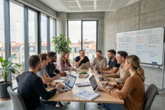 Groupe d'apprenants adultes en formation professionnelle dans un centre moderne de Marseille, avec vue sur la ville
