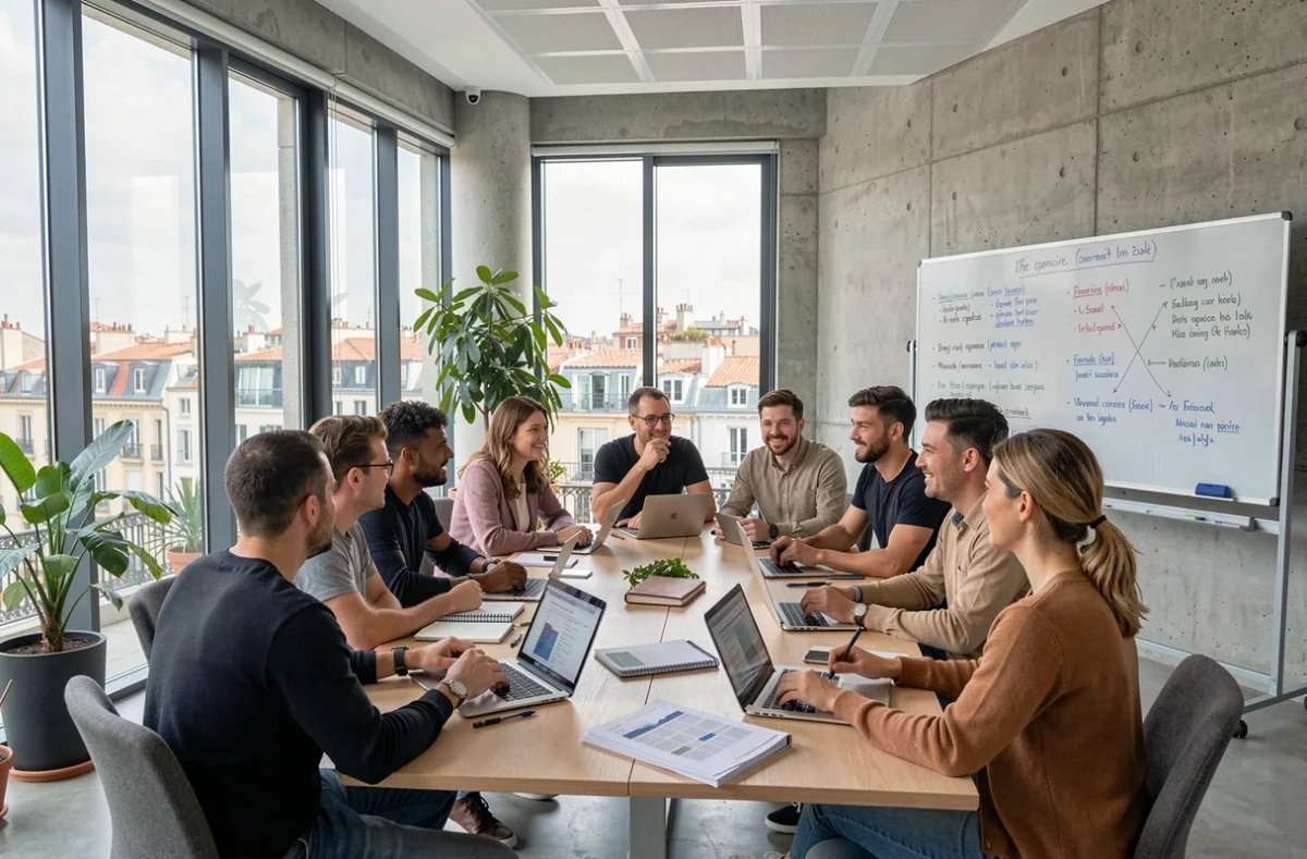 Groupe d'apprenants adultes en formation professionnelle dans un centre moderne de Marseille, avec vue sur la ville
