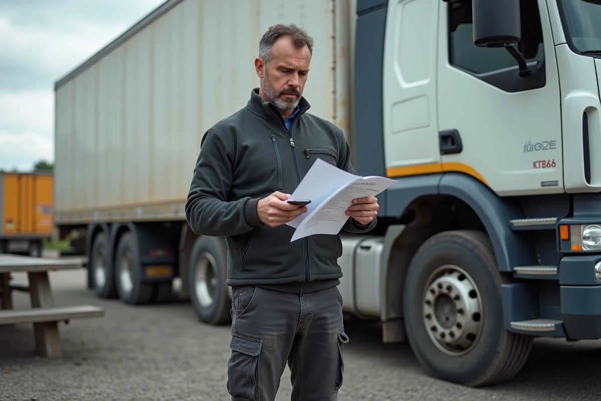 Chauffeur poids lourd indépendant consultant les tarifs de formation FIMO sur smartphone à côté de son camion