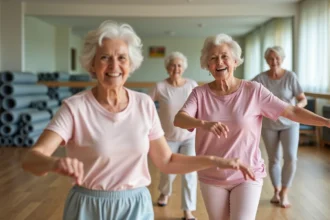 Groupe de seniors femmes souriantes pratiquant une chorégraphie douce en salle de danse communautaire