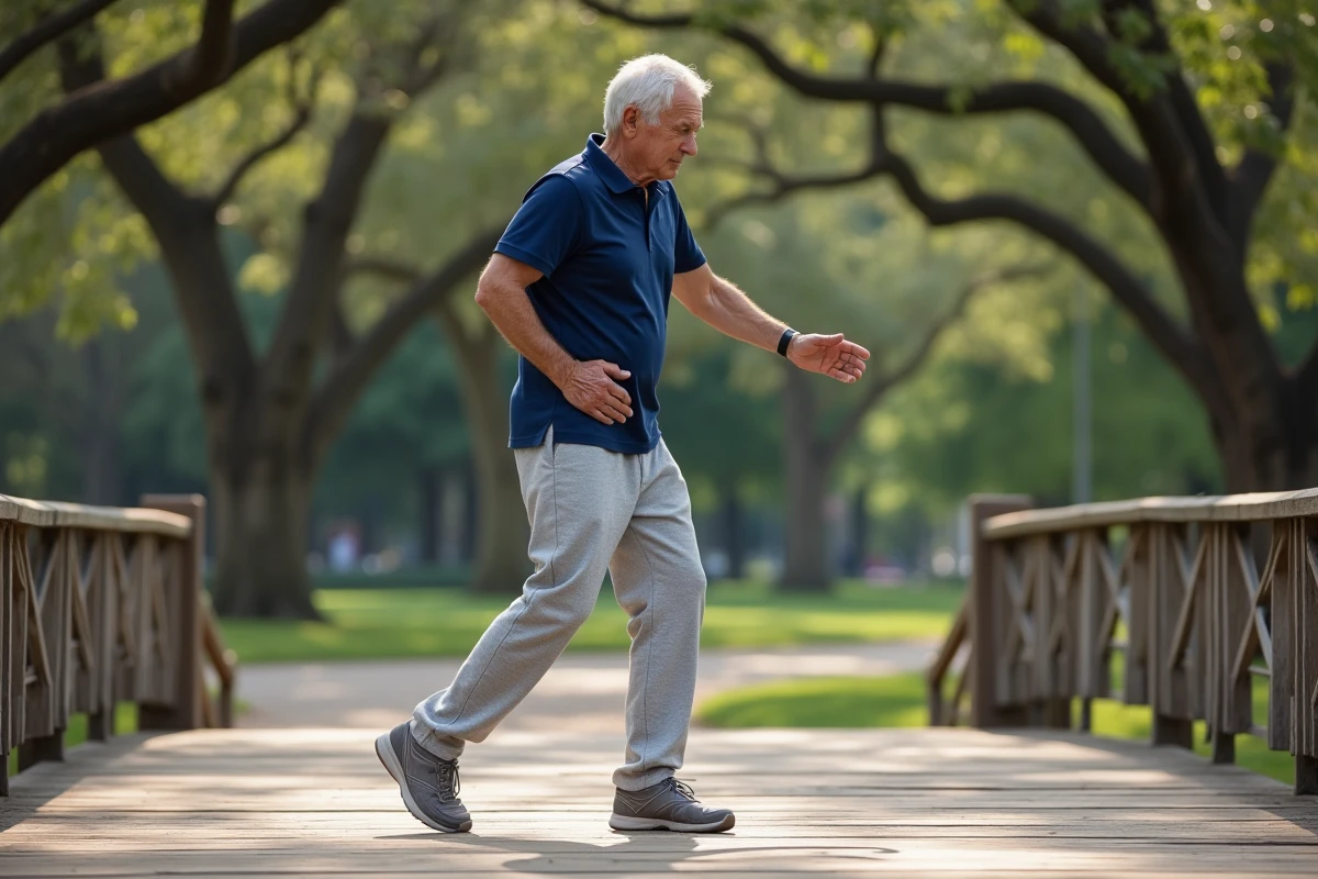 Homme senior pratiquant une chorégraphie légère en plein air sur une terrasse en bois dans un parc