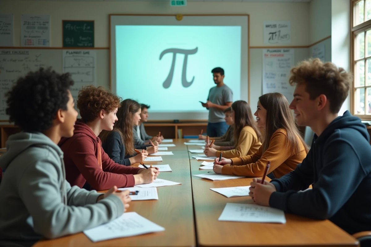 Classe de lycée avec élèves et tableau Pi en défi mathématique