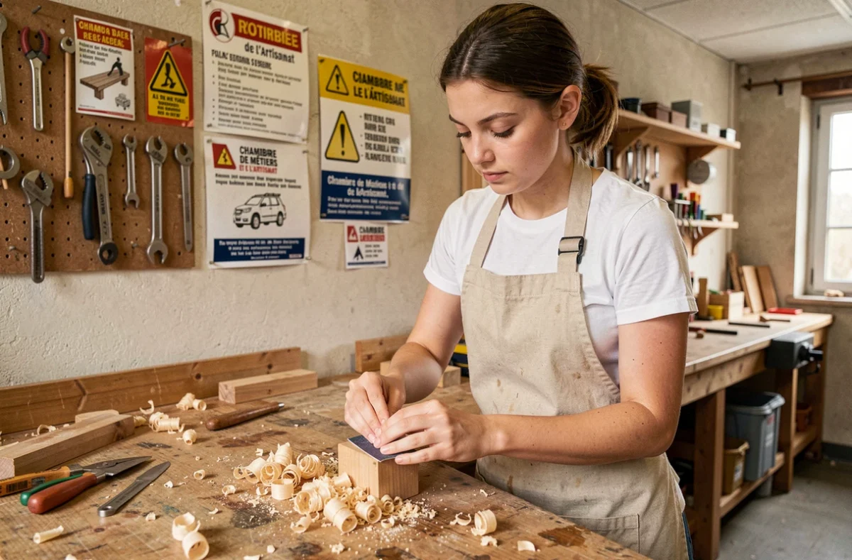 Une apprentie en atelier de menuiserie à la CMA Formation Ain, ponçant une pièce en bois dans un environnement d'artisanat authentique