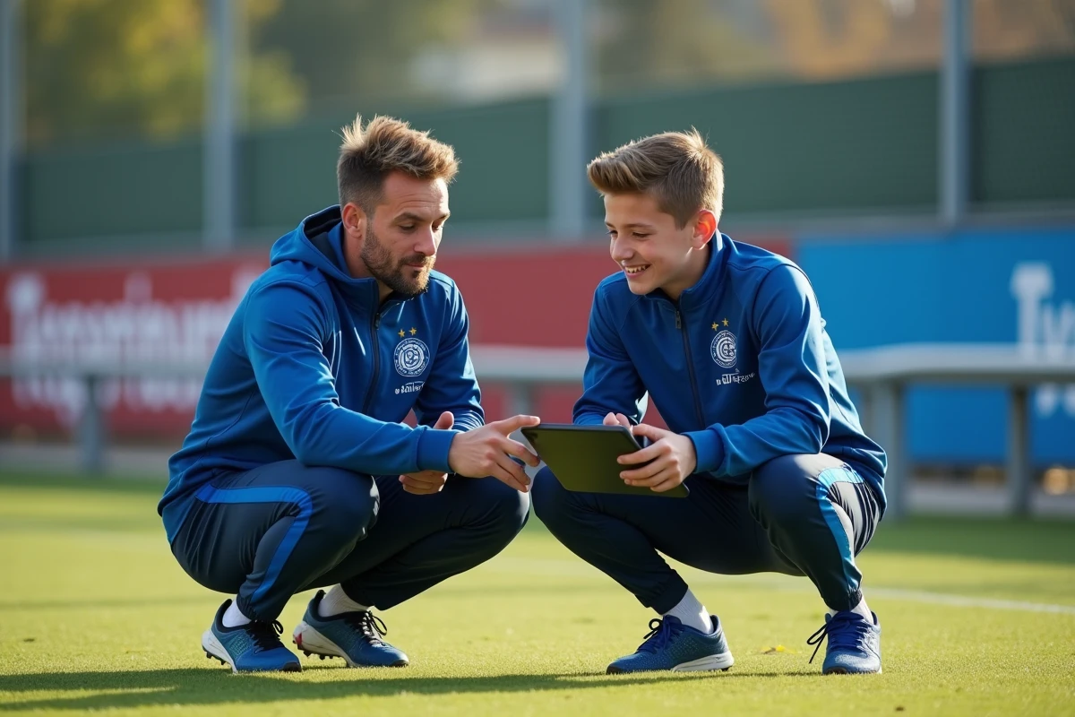 Entraîneur du centre de formation de l'OM donnant des instructions tactiques à de jeunes joueurs