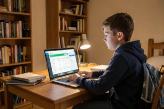 Collégien consultant l'ENT sur son ordinateur portable dans sa chambre pour suivre ses notes