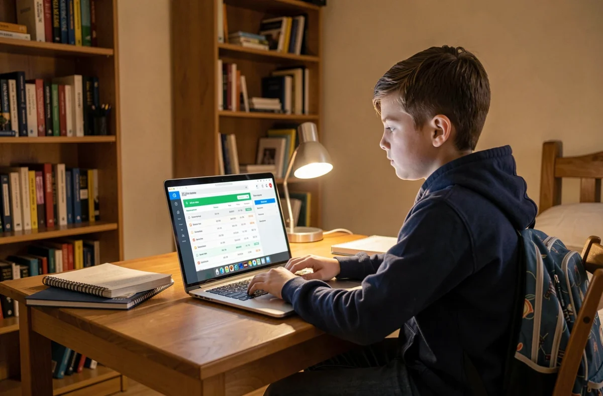 Collégien consultant l'ENT sur son ordinateur portable dans sa chambre pour suivre ses notes