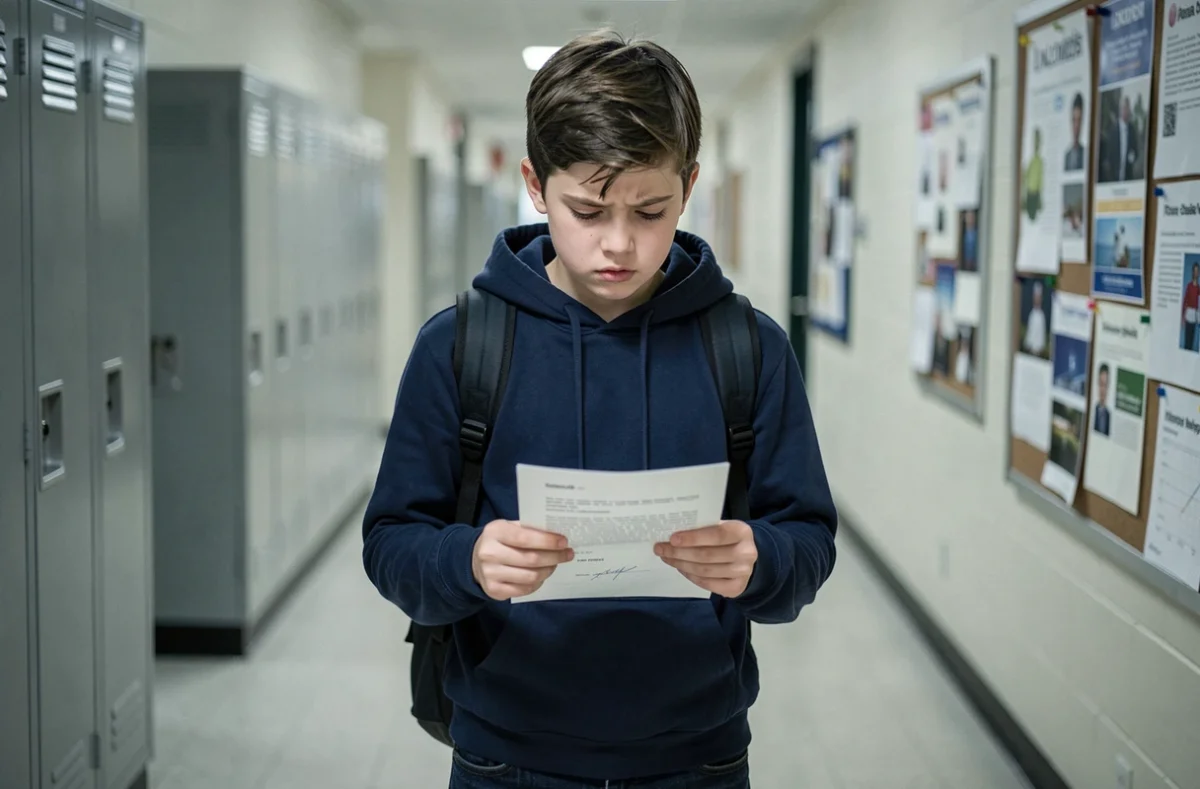 Collégien nerveux tenant sa lettre de motivation pour un stage de troisième dans un couloir scolaire