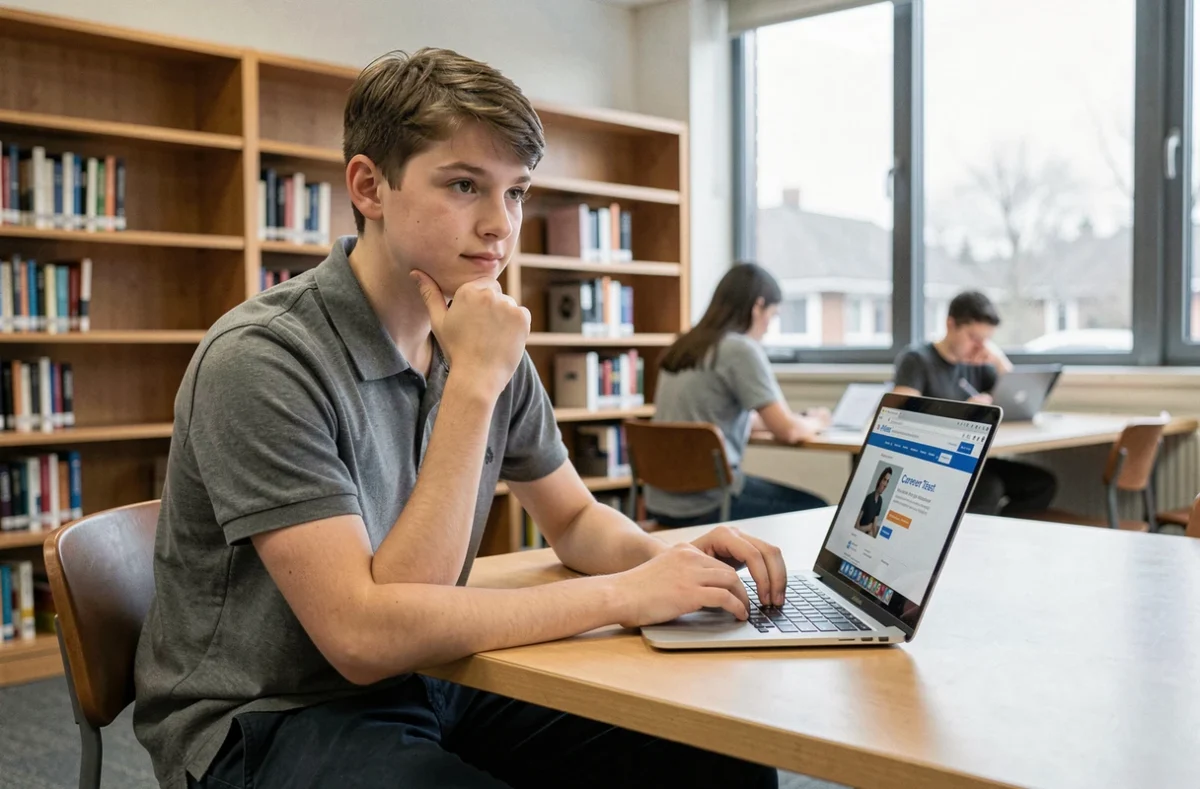 Collégien utilisant un test d'orientation professionnelle en ligne à la bibliothèque scolaire
