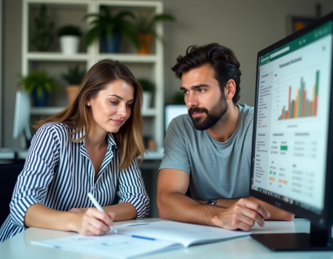 Deux collègues travaillant ensemble sur un exercice Excel avec corrigé affiché à l'écran