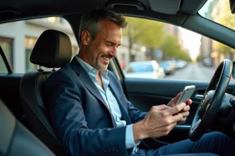 Homme d'âge moyen utilisant une application VTC dans une voiture moderne