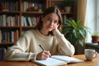 Jeune femme écrivant des conjugaisons de verbes du premier groupe dans un cahier de grammaire française sur un bureau en bois