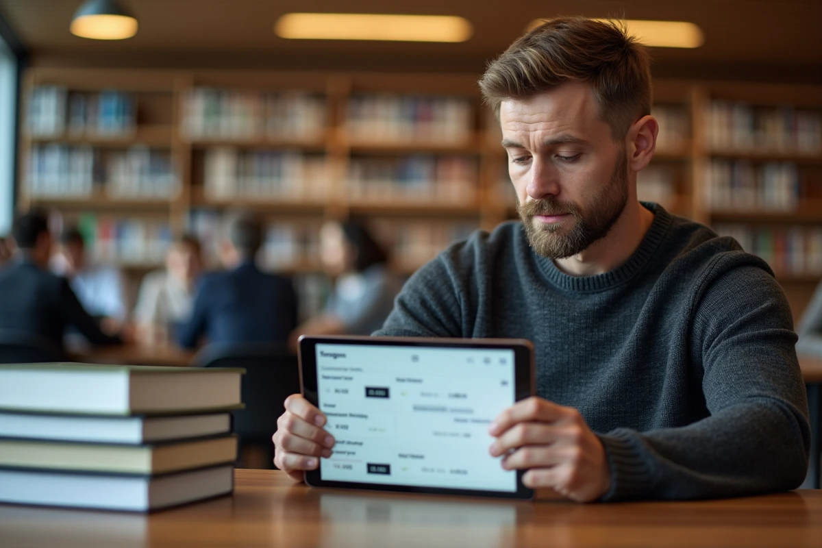 Homme adulte consultant ses résultats de formation sur une tablette dans une bibliothèque moderne via Moodle