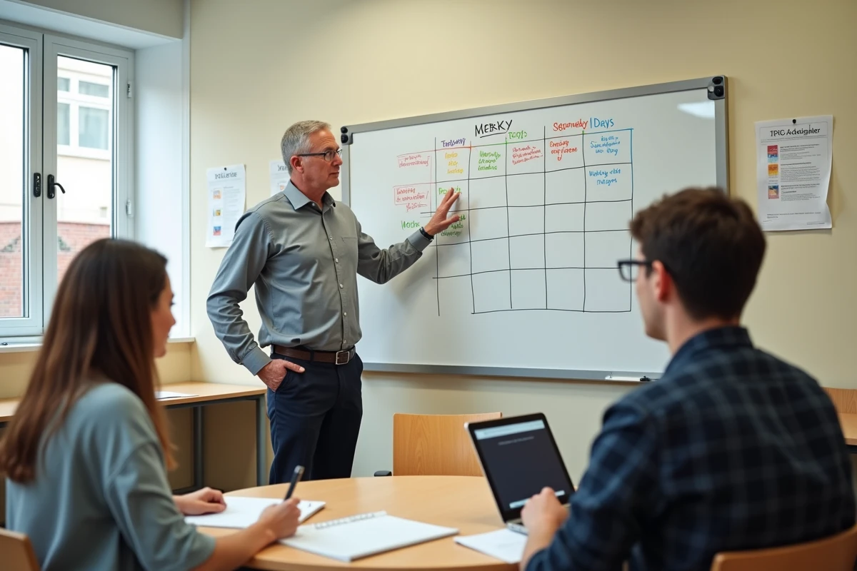 Coordinateur ULIS présentant un emploi du temps inclusif à une équipe pédagogique pluridisciplinaire lors d'une réunion en salle ressource