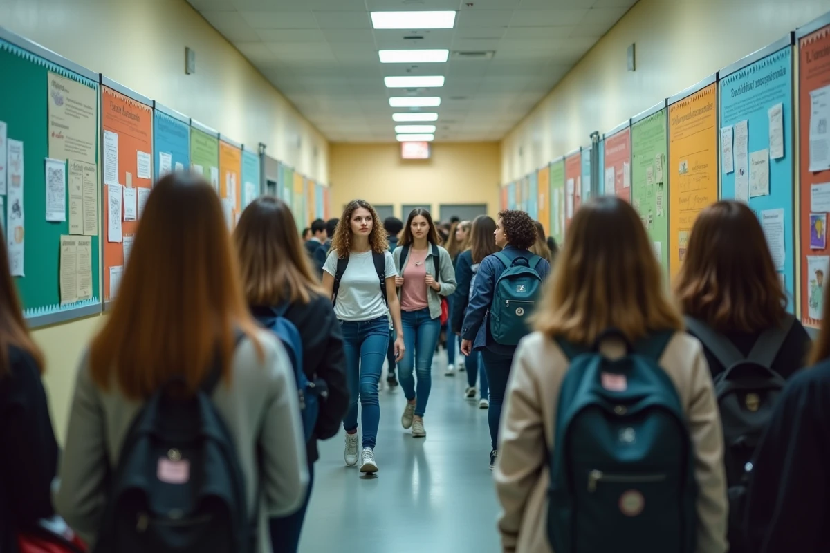Couloir animé d'un lycée français avec des élèves circulant entre les cours