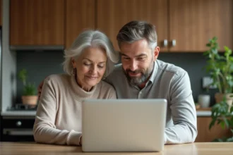 Couple d'adultes dans une cuisine moderne et chaleureuse