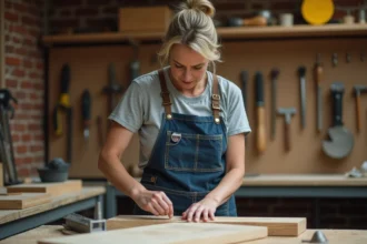 Femme adulte apprenant à mesurer du bois lors d'un cours de bricolage en atelier communautaire