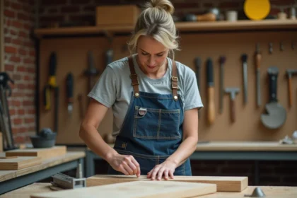 Femme adulte apprenant à mesurer du bois lors d'un cours de bricolage en atelier communautaire