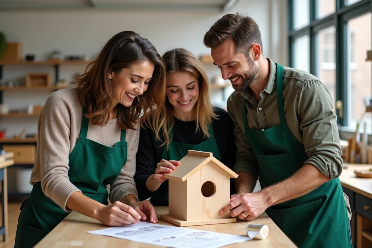 Groupe d'adultes souriants en cours de bricolage collaboratif assemblant une cabane à oiseaux dans un atelier pédagogique
