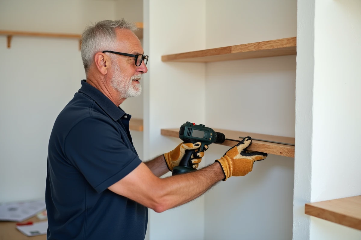Homme adulte en cours de bricolage vissant une étagère murale avec une perceuse lors d'une session d'apprentissage à domicile